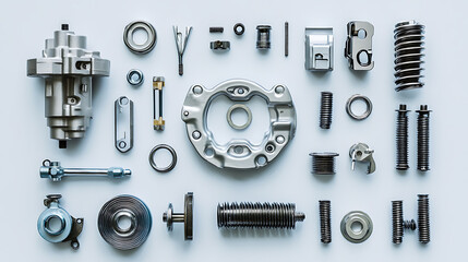 Poster - Sapre parts, White background with an auto motor mechanic spare or automotive component, new metal car part set, auto engine repair