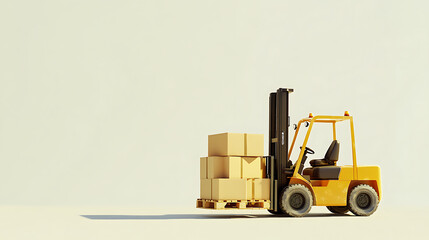 Poster - A pallet containing cardboard boxes is being raised by the forklift truck against a white backdrop, 3D illustration