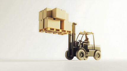 Poster - A pallet containing cardboard boxes is being raised by the forklift truck against a white backdrop, 3D illustration