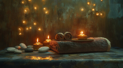 Poster - Spa resort therapy composition, Burning candles, stones, towel, abstract lights