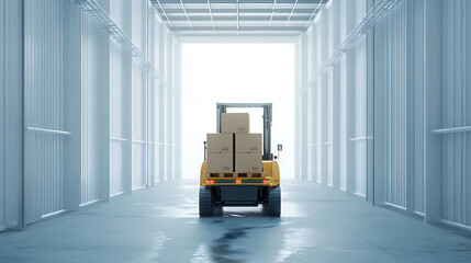 Poster - A pallet containing cardboard boxes is being raised by the forklift truck against a white backdrop, 3D illustration