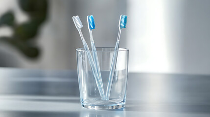 Aufkleber - Toothbrushes stored in a glass on a table against a light background