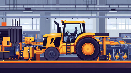 Poster - Tractor Manufacture work, There is an assembly line at the farm machinery factory, Installation of parts on the tractor body
