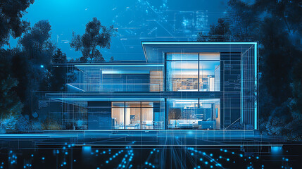 Poster - A smart home designed in the blueprint style with modular design, dimensional multilayering, cyan color scheme, light black and blue hues, and line and dot work