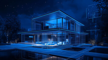 Poster - A smart home designed in the blueprint style with modular design, dimensional multilayering, cyan color scheme, light black and blue hues, and line and dot work