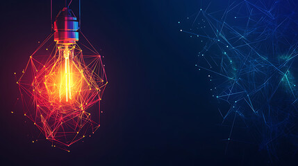 Poster - Using polygonal lines to create a bright light in an incandescent lamp on a dark background represents creativity, innovation, and technology