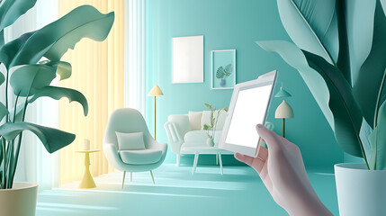 Poster - An augmented reality concept where a hand holds a tablet with an AR application, simulating furniture and interior design products in a real home environment