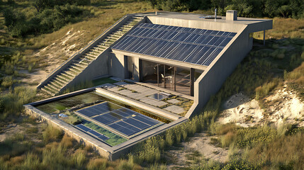 Aufkleber - 3D rendering of an alternative heated house featuring solar panels, solar panel heating, warm floor, underfloor heating systems, and a renewable energy home concept