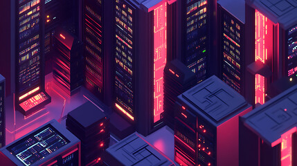 Fototapete - A 3D illustration of a server room with node-based programming and data design elements, representing the concept of big data storage and cloud computing technology