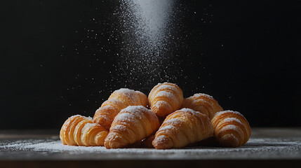 Poster - Close up of pile of delicious croissants on a dark background, Homemade croissants, Sugar glass falling, Vertical