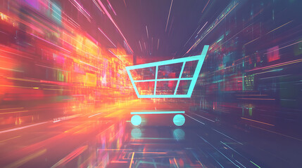 Poster - Digital concept art of online shopping Featuring a vibrant shopping cart icon over a soft Technological background Symbolizing the ease and convenience of e-commerce