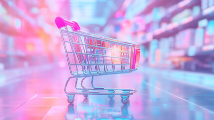 Poster - Digital concept art of online shopping Featuring a vibrant shopping cart icon over a soft Technological background Symbolizing the ease and convenience of e-commerce