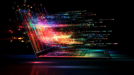 Leinwandbilder - A background image illustrating the laptop concept technology, accompanied by a business graph and data analysis process, It reflects coding for future communication network software development