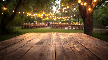 Aufkleber - Empty wooden table with party in garden background blurred