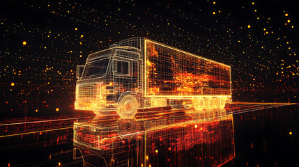 Poster - Digital representation in 3D, a wireframe depiction of a moving truck illuminated by neon lights, accompanied by shimmering dots, set against a black backdrop with a blurred reflection on the floor
