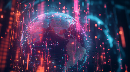Aufkleber - Global digital network connections Futuristic world map visualization Concept of global communication