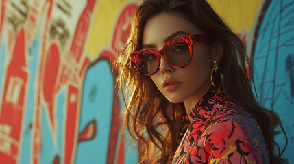 Stylish woman in red sunglasses against graffiti wall.