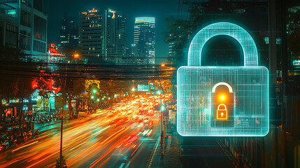 Poster - Glowing holographic padlock overlays a bustling nighttime road in Bangkok, symbolizing cyber security measures to safeguard companies, Image is achieved through a double exposure technique