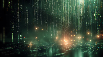 Poster - A futuristic 3D illustration of data streams with elements of cyberpunk, big data, and cybersecurity, serving as an abstract technological background