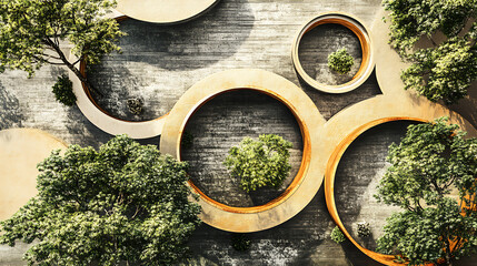 Aufkleber - Hand-drawn architectural pattern with various textures in circles, For architectural layout and landscape design, an abstract tree top view is used