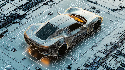 Aufkleber - A futuristic car depicted alongside a wireframe intersection, set within a digital user interface environment, (3D Illustration)