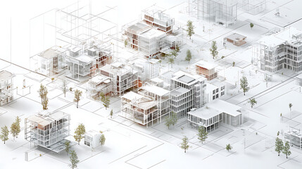Fototapete - Isometric cityscapes, white backdrop, conceptual mapping, and geometric diagram displaying different surfaces of the European terrain with layers of transparency an atlas of residential neighborhoods