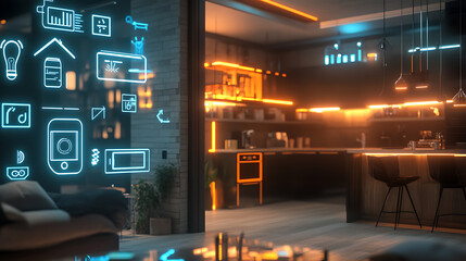 Poster - Luminous smart home icons on the background of the kitchen and living room, Concept of automation and hi tech, 3d rendering toned image double exposure