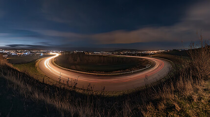 Poster - A panoramic view capturing the long exposure image of cars' light trails at night on a curved asphalt road