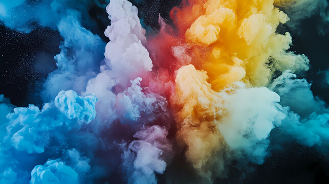 Abstract, colorful powder splashes on a black background, creating a color explosion