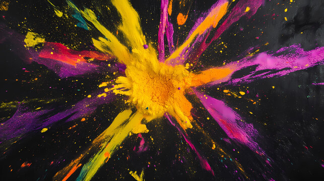 Abstract, colorful powder splashes on a black background, creating a color explosion