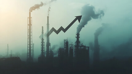 Poster - An upward-pointing arrow graphic overlaying an industrial factory scene, symbolizing increasing CO2 pollution and carbon emissions against a hazy, polluted sky backdrop