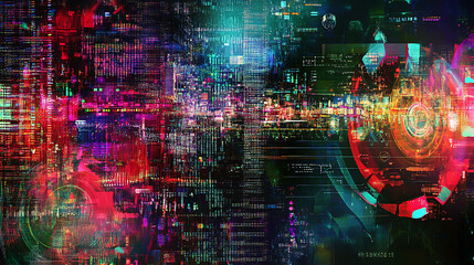 Poster - An interplay of digital symbols and abstract forms representing artificial intelligence, computing, data processing, science, and technology