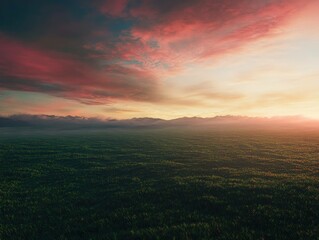 Canvas Print - Expansive landscape with lush green fields under a vibrant sunset sky, creating a serene and tranquil atmosphere. Nature and tranquility concept.