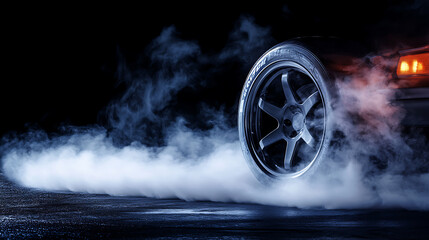 Aufkleber - Car tire smoke coming from a drifting wheel on black background