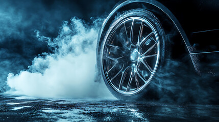Aufkleber - Car tire smoke coming from a drifting wheel on black background