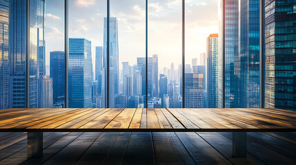Leinwandbilder - Empty wood table top and blur glass window wall building banner mock up abstract background , can used for display or montage your products