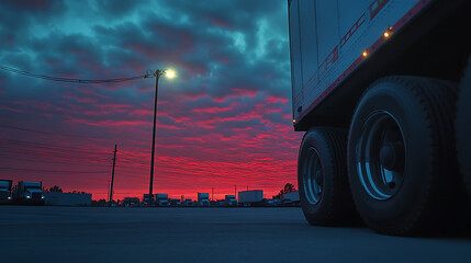 Aufkleber - Front of a parked semitruck under a dusk sky, truck wheels, Transportation of freight trucks in industry, Auto service shop