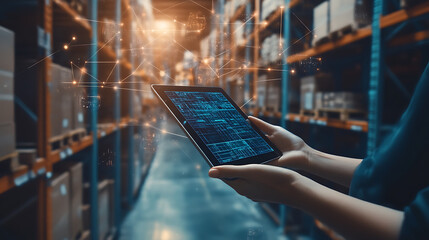 Poster - In the context of Industry 4, 0 and smart logistics, a hand holds a tablet with an AR application to check order pick times in a smart factory background