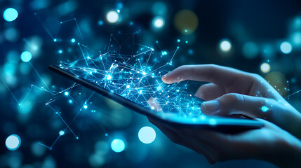 Fototapete - In the context of Industry 4, 0 and smart logistics, a hand holds a tablet with an AR application to check order pick times in a smart factory background