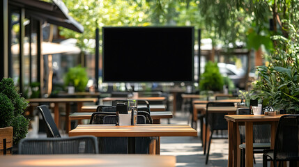 Leinwandbilder - Tables sitting around an empty outdoor restaurant with black blank sign