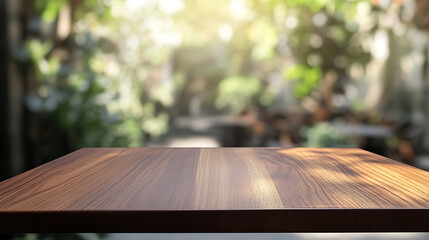 Leinwandbilder - Selected focus empty brown wooden table and Coffee shop blur background with bokeh image, for product display montage, mock up to showcase design