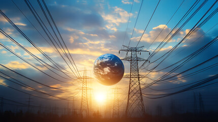Aufkleber - The earth is shown in this image with electrical lines running behind it