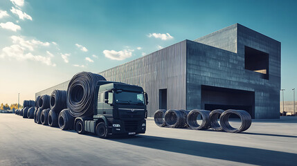 Aufkleber - Trucks loaded with steel wire rings in front of a modern warehouse