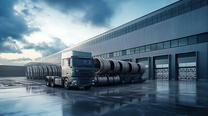 Aufkleber - Trucks loaded with steel wire rings in front of a modern warehouse