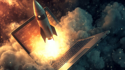 Poster - Sleek, futuristic rocket blasting off from an open laptop screen, symbolizing a dynamic and powerful concept for launching a successful startup business in the tech industry