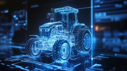 Poster - A blue light holographic display displaying an intricate industrial farm tractor schematic