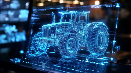 Fototapete - A blue light holographic display displaying an intricate industrial farm tractor schematic