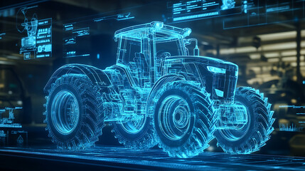 Poster - A blue light holographic display displaying an intricate industrial farm tractor schematic