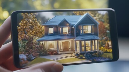 Aufkleber - A hand holds a smartphone displaying a detailed three-dimensional model of a charming house.