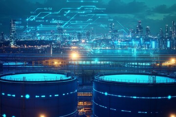 Aufkleber - Futuristic Urban Landscape at Night with Oil Storage Tanks and Digital Data Overlay Representing Smart Industry and Technology Integration